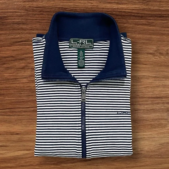 Lauren Active by Ralph Lauren L-RL Navy Blue & White Striped Zip-Up Track Jacket - Picture 15 of 16
